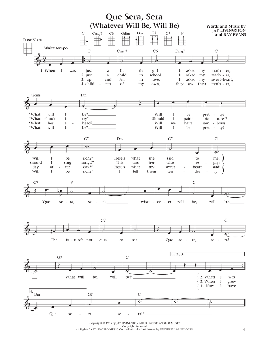 Que Sera, Sera (Whatever Will Be, Will Be) (from The Daily Ukulele) (arr. Liz and Jim Beloff) Ukulele scores gallery preview page 1