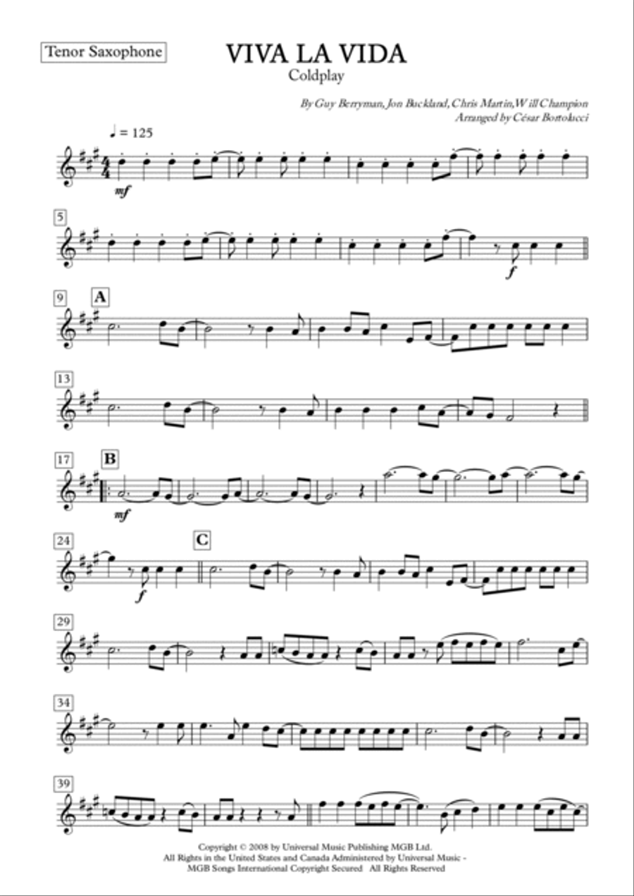 Viva La Vida Tenor Saxophone scores gallery preview page 2