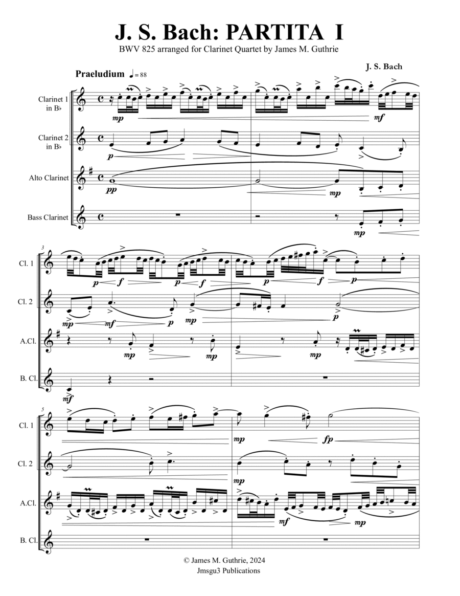 Bach: Partita No. 1 BWV 825 for Clarinet Quartet Clarinet Quartet scores gallery preview page 1