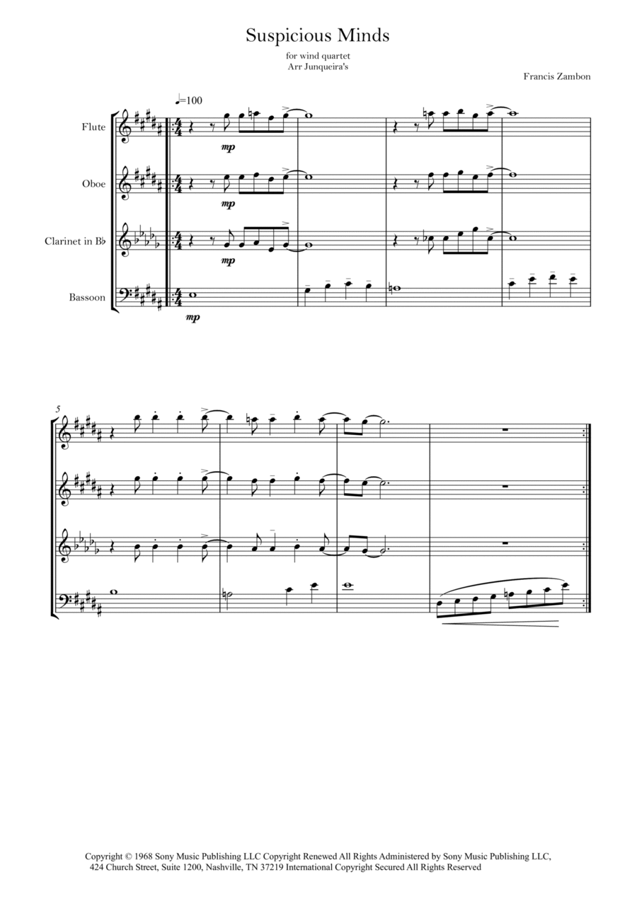 Suspicious Minds Woodwind Quartet scores gallery preview page 1