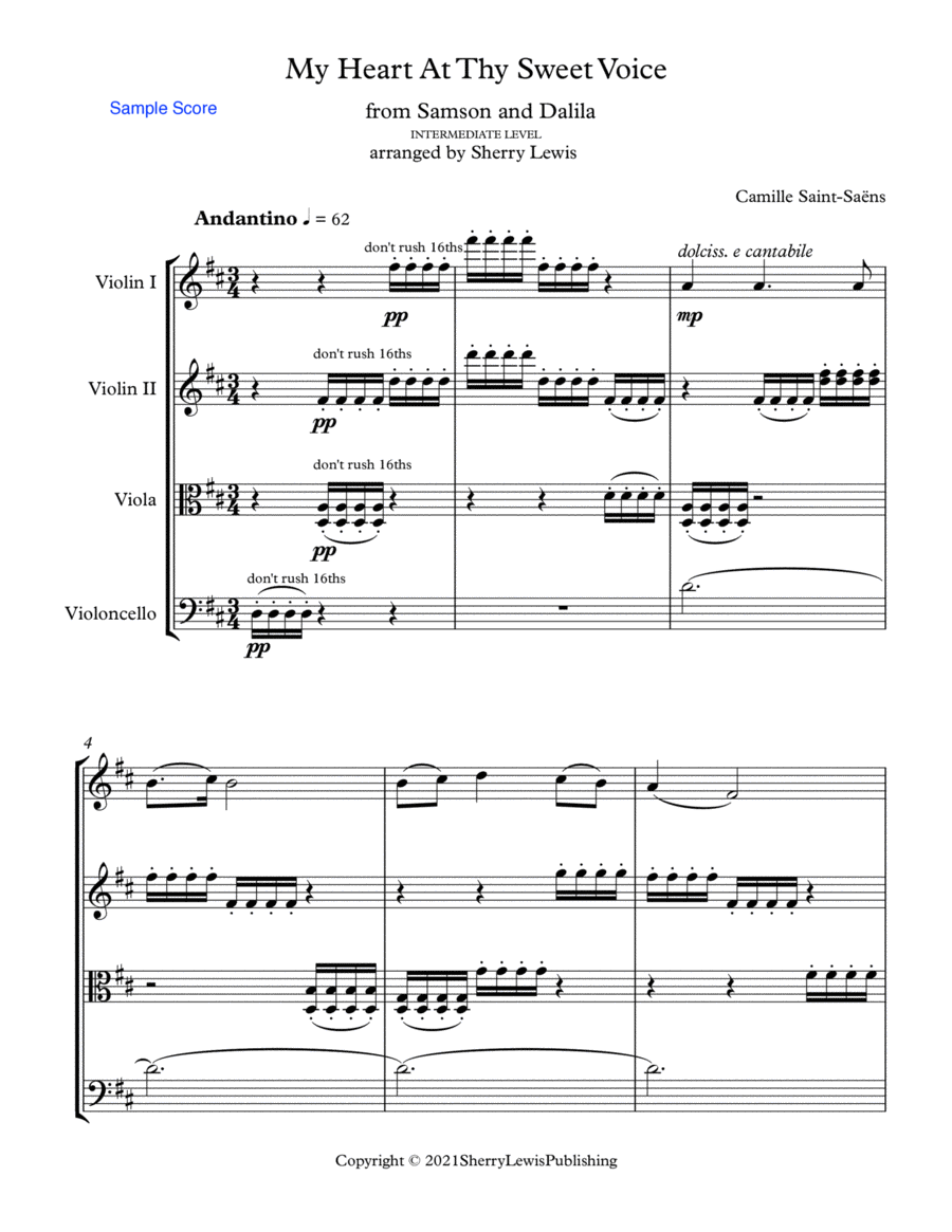 MY HEART AT THY SWEET VOICE for String Quartet, Intermediate Level for 2 violins, viola and cello String Quartet scores gallery preview page 1