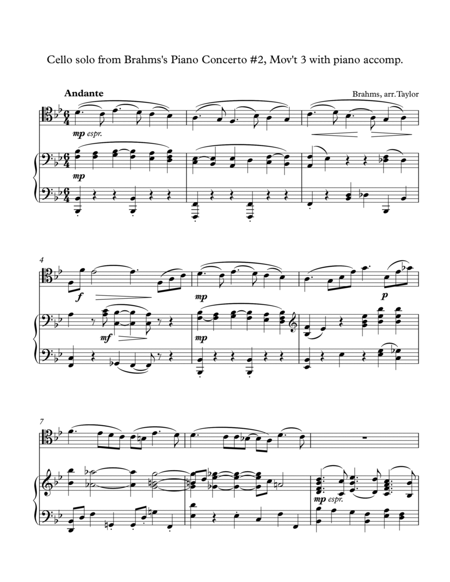 Brahms Cello solo from Piano Concerto #2 (Andante) Piano scores gallery preview page 1