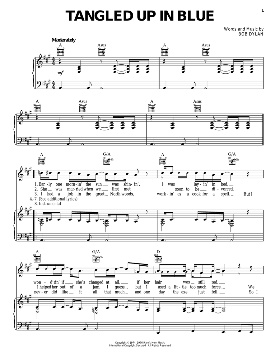 Tangled Up In Blue Piano, Vocal, Guitar scores gallery preview page 1