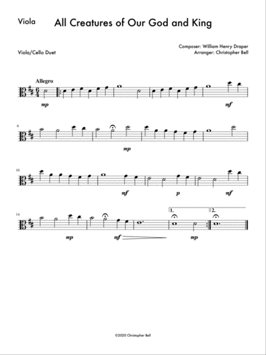 All Creatures of Our God and King (Easy Viola/Cello Duet) String Duet scores gallery preview page 2