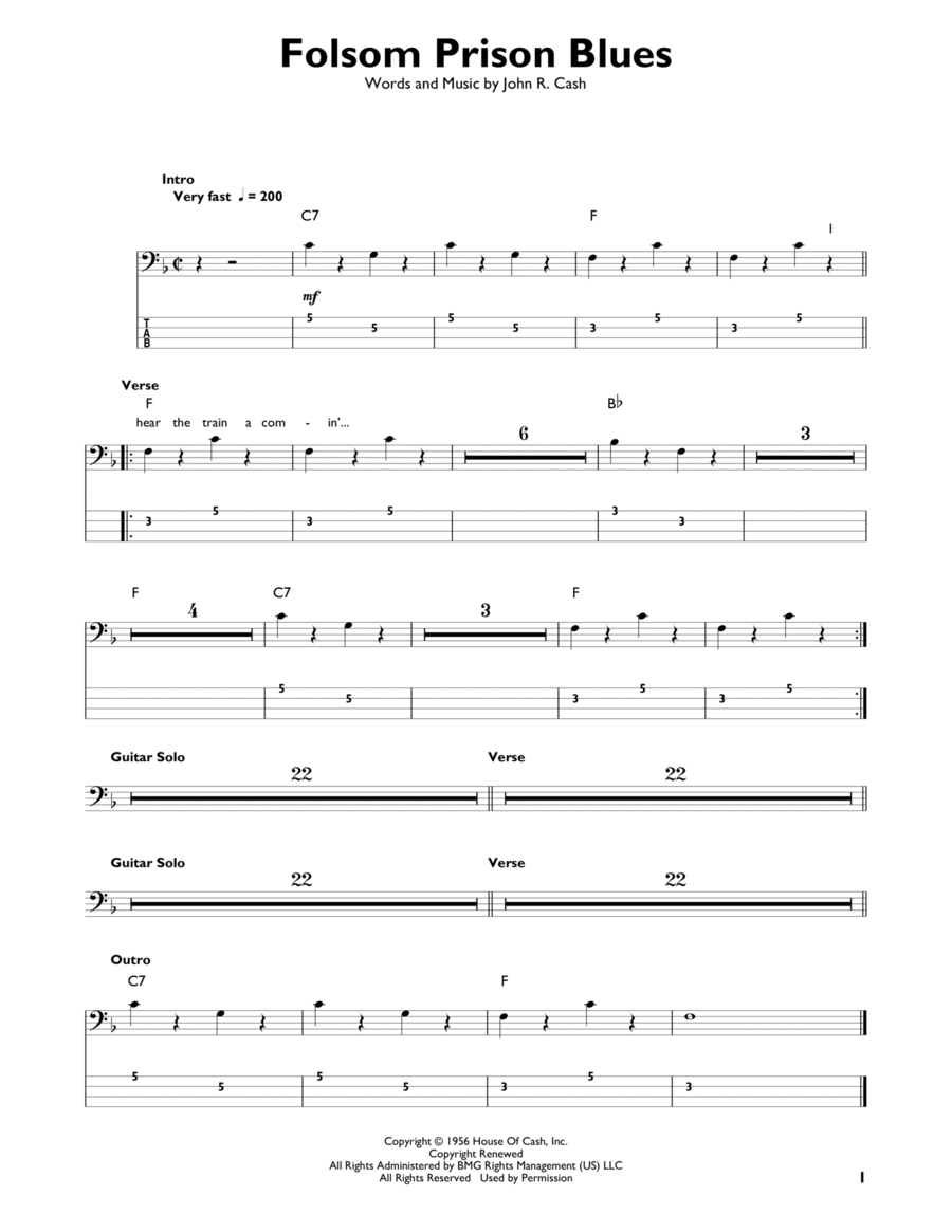 Folsom Prison Blues Bass Guitar scores gallery preview page 1