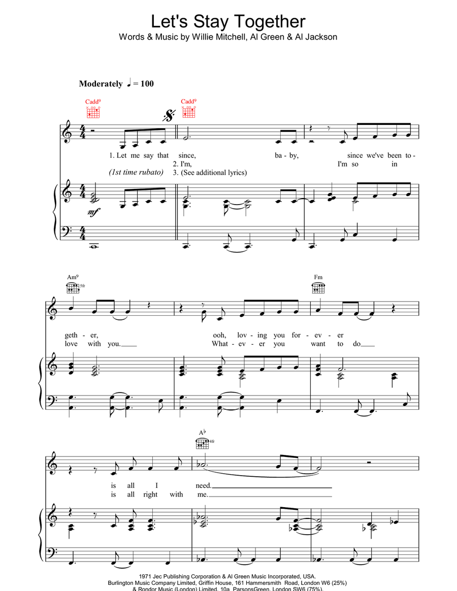 Let's Stay Together Piano, Vocal, Guitar scores gallery preview page 1