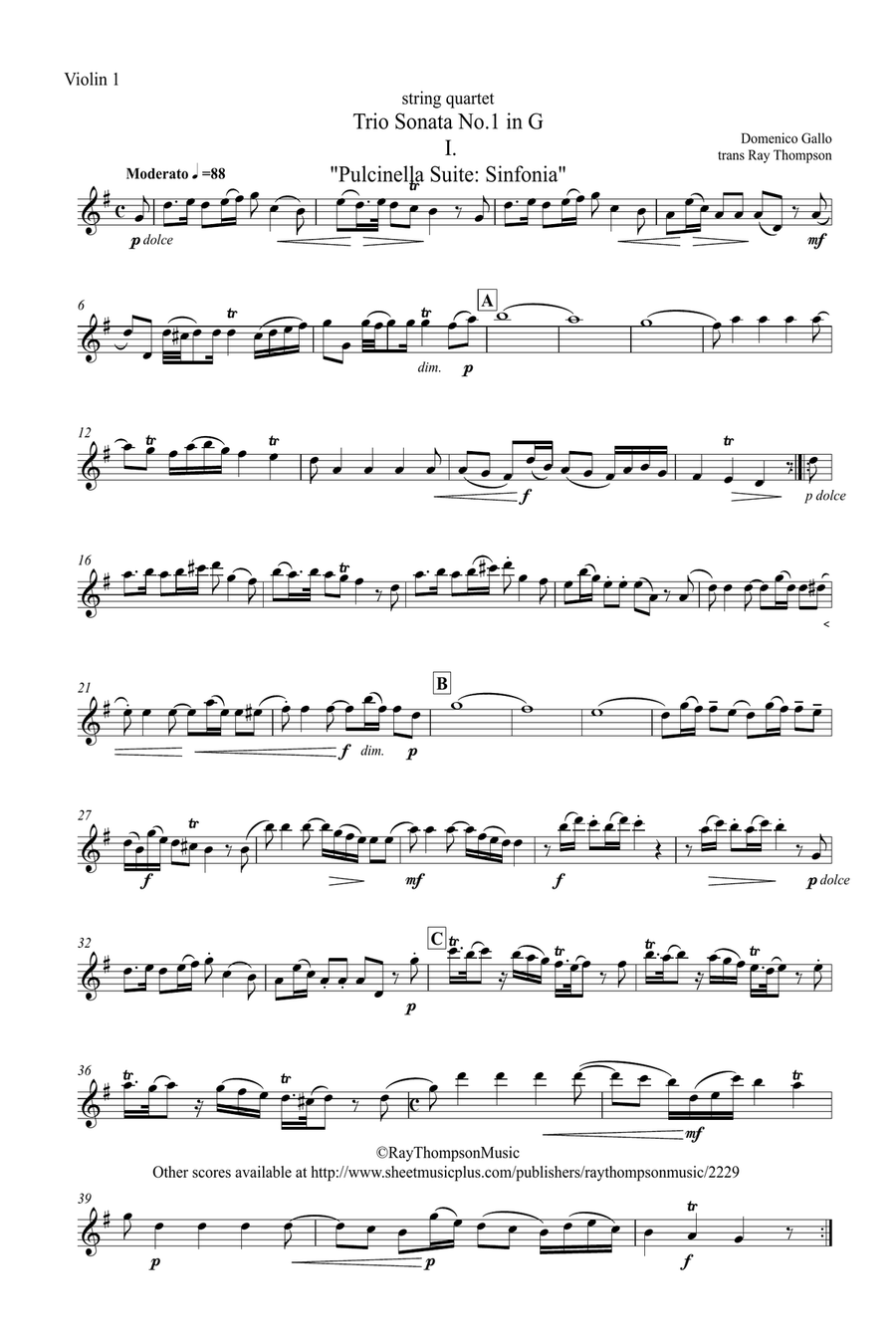 Gallo: Trio Sonata No.1 in G (Stravinsky's Pulcinella Suite Mvt.1 Sinfonia) - string quartet String Quartet scores gallery preview page 4