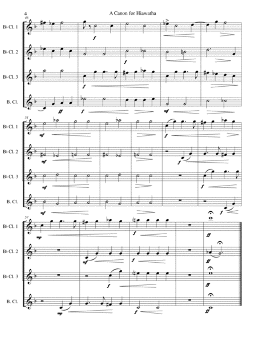 Hiawatha (A Canon for Hiawatha) for clarinet quartet (3 clarinets, 1 bass clarinet) Clarinet Quartet scores gallery preview page 4