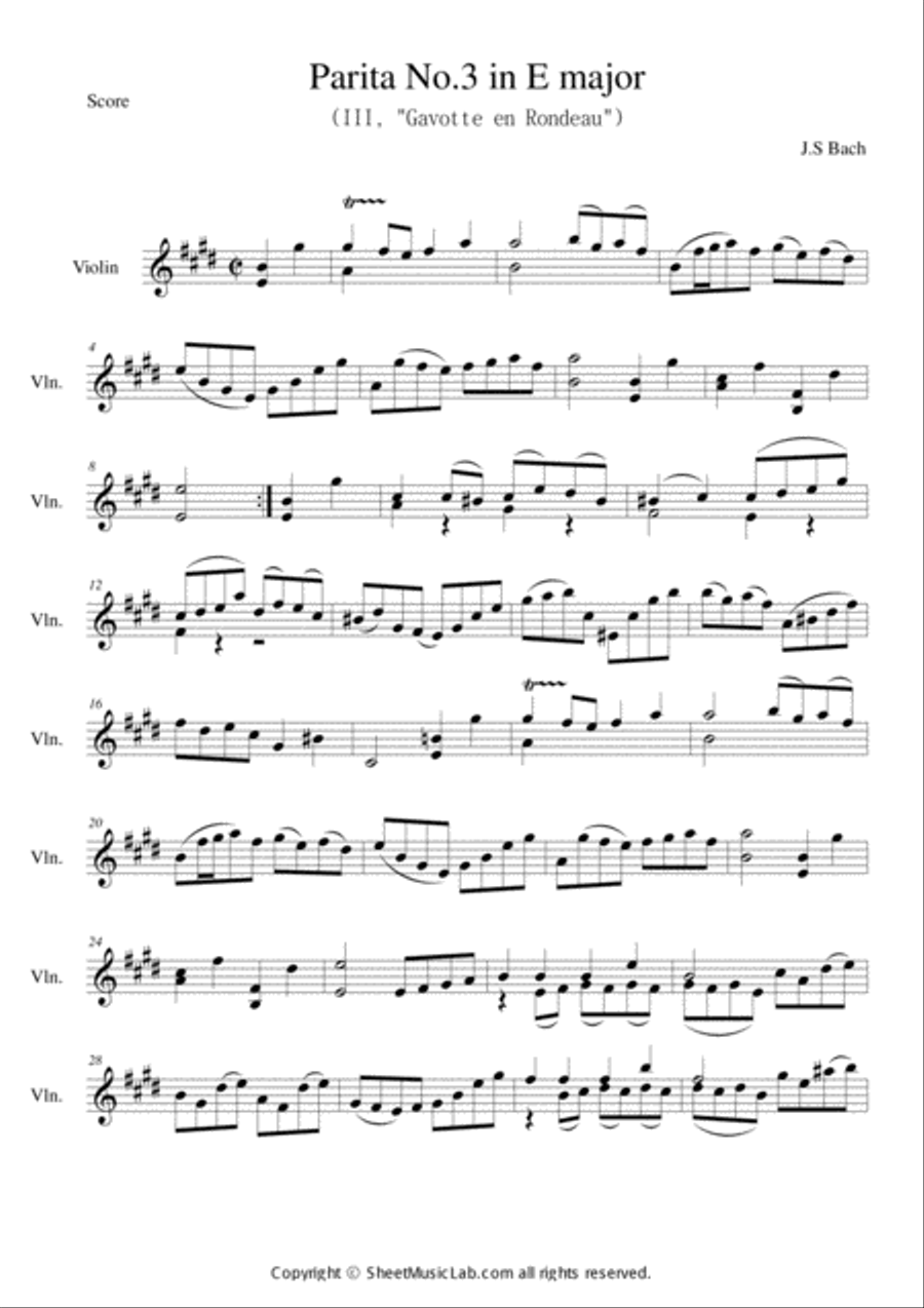 J. S. Bach : Gavotte en Rondeau Violin Solo scores gallery preview page 1