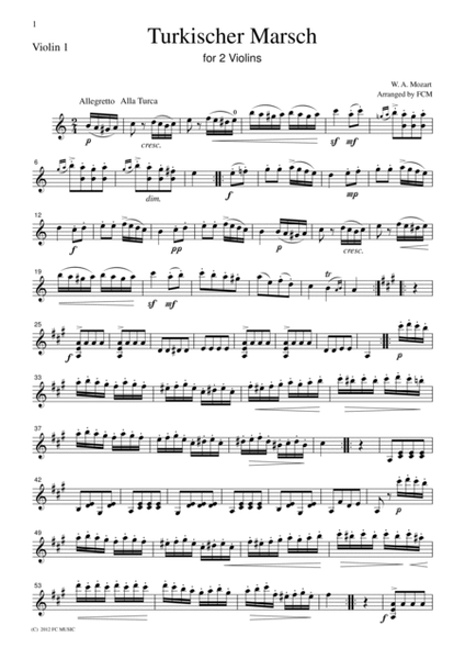 Mozart Turkischer Marsch, for 2 Violins, VN207