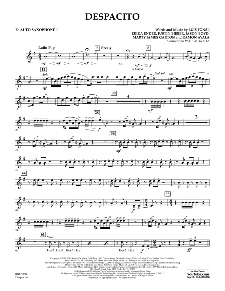 Despacito (arr. Paul Murtha) - Eb Alto Saxophone 1 Concert Band scores gallery preview page 1