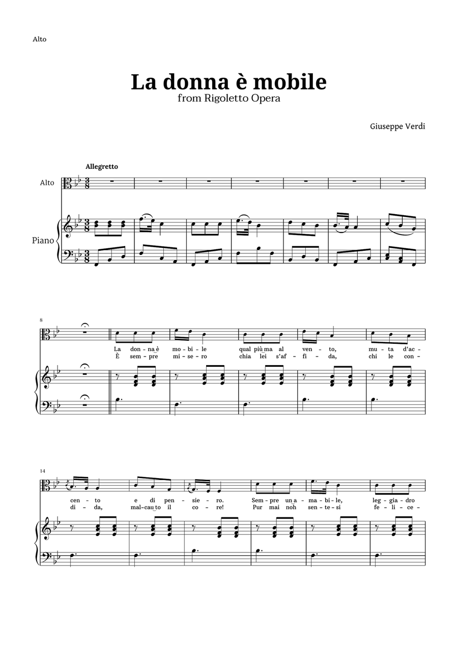 La donna è mobile in B-flat major for Contralto and Piano Piano, Vocal scores gallery preview page 1