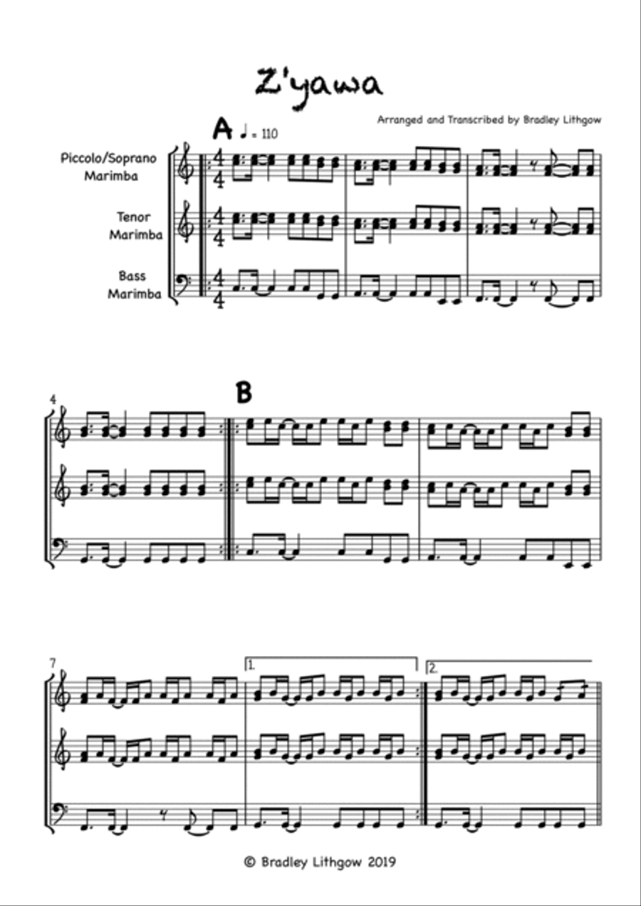Z'yawa (Zawa) for African Marimba Band (Diatonic In C) Percussion Ensemble scores gallery preview page 2