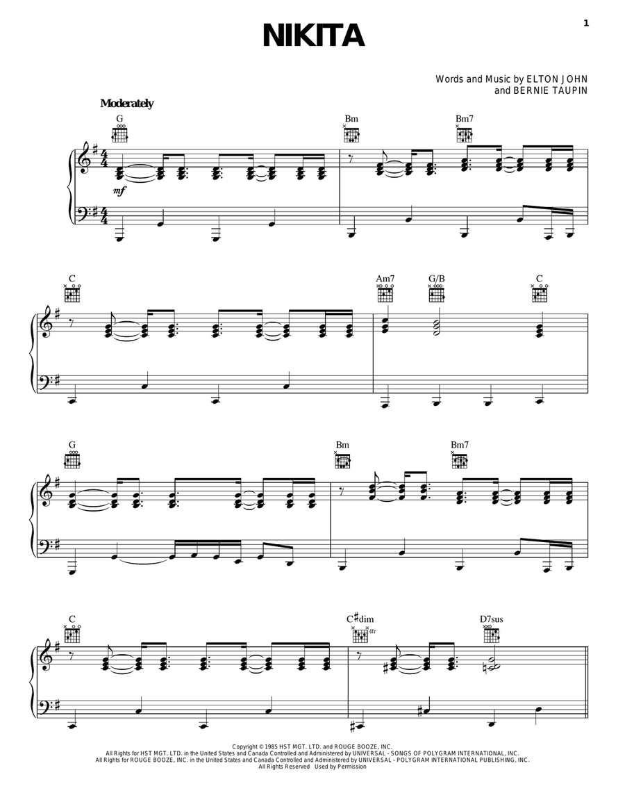 Nikita Piano, Vocal, Guitar scores gallery preview page 1