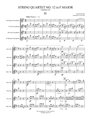 String Quartet No. 12 in F Major, "American" for Saxophone Quartet MOVEMENT III