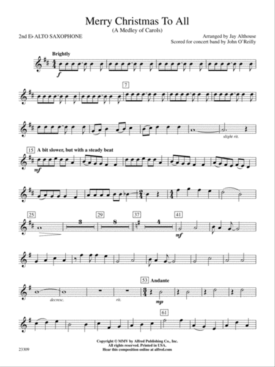 Merry Christmas to All (A Medley of Carols): 2nd E-flat Alto Saxophone Concert Band scores gallery preview page 1