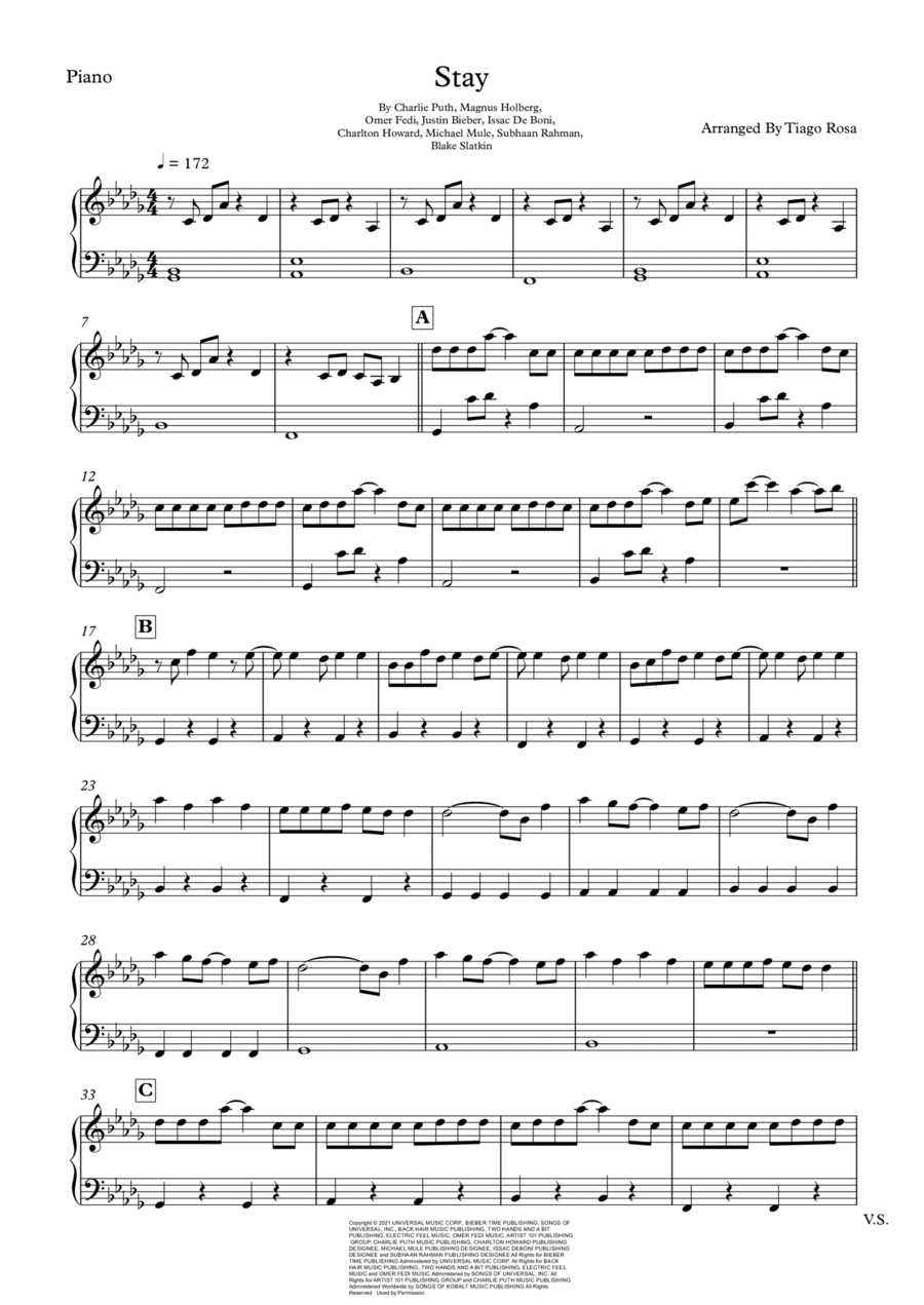 Stay Piano Solo scores gallery preview page 1