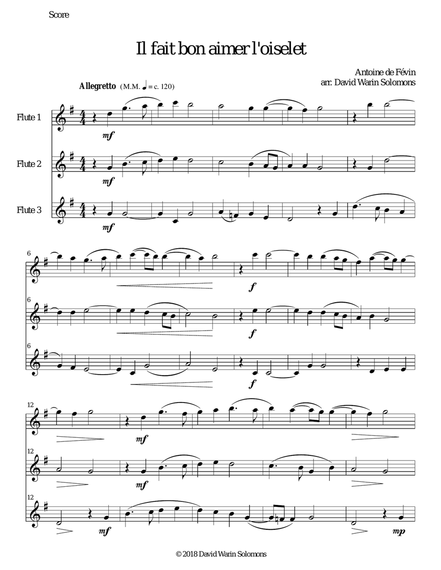 Il fait bon aimer l'oiselet for 3 flutes Flute Solo scores gallery preview page 1