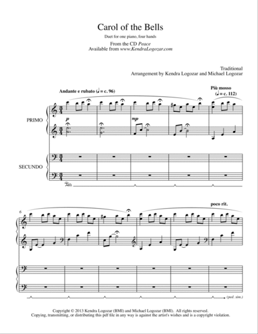 Carol of the Bells - Duet (Christmas/Holiday Arrangment) 1 Piano, 4-Hands scores gallery preview page 1
