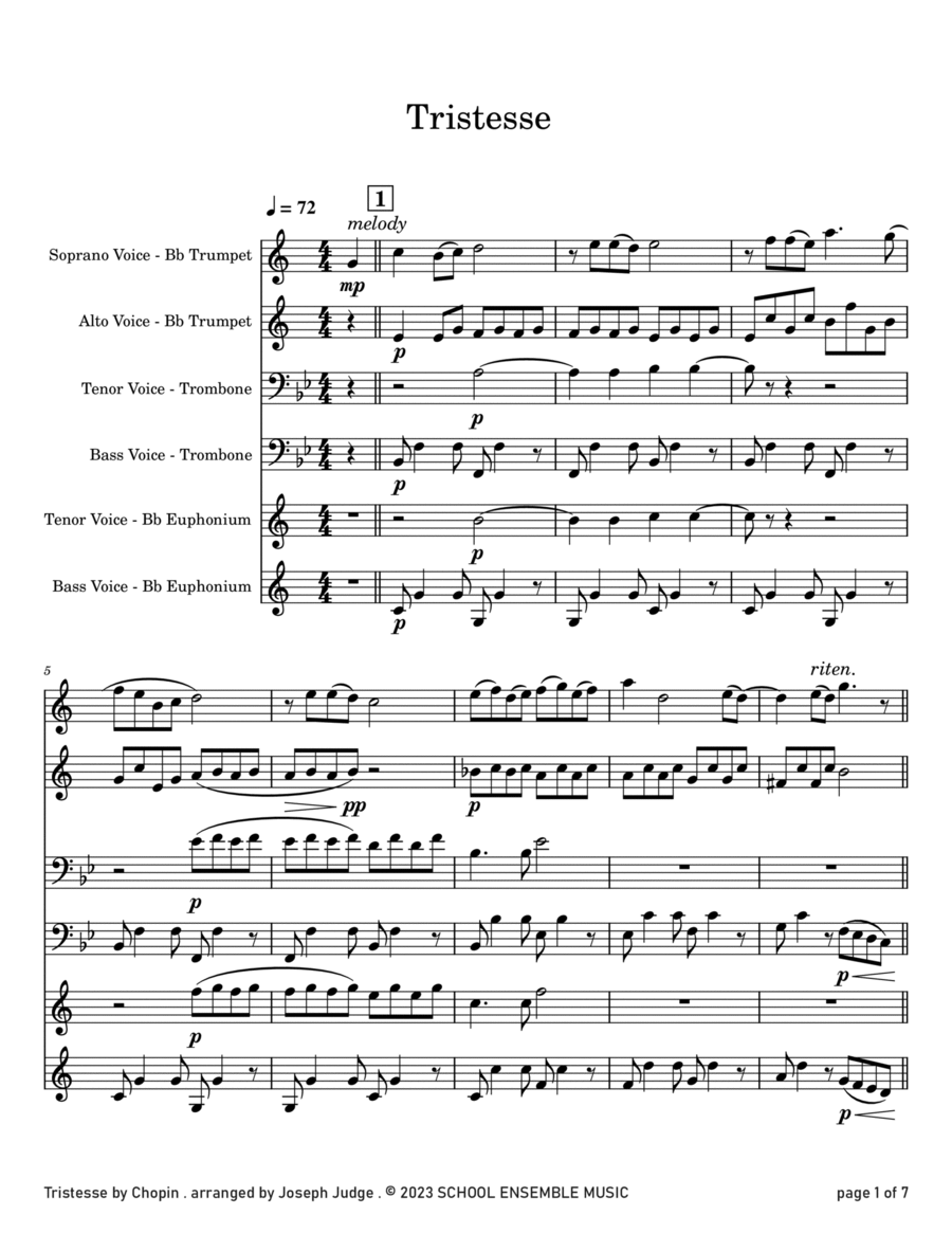 Tristesse by Chopin for Brass Quartet in Schools Brass Quartet scores gallery preview page 1