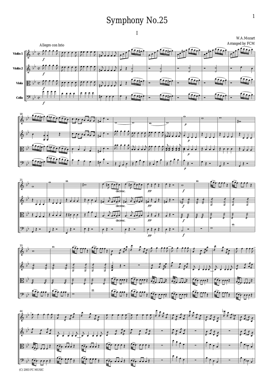 Mozart Symphony No.25, 1st mvt., for string quartet, CM010 String Quartet scores gallery preview page 1