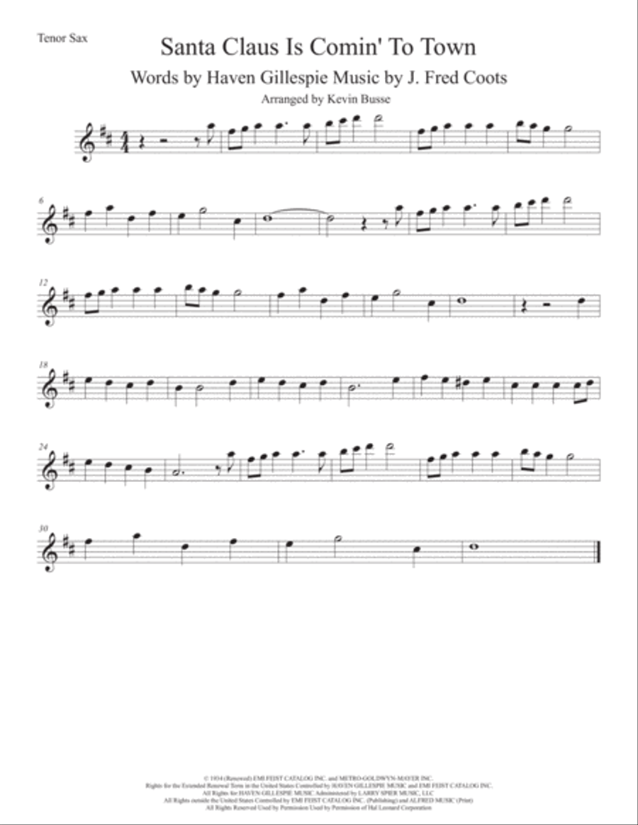 Santa Claus Is Comin' To Town Tenor Saxophone scores gallery preview page 1