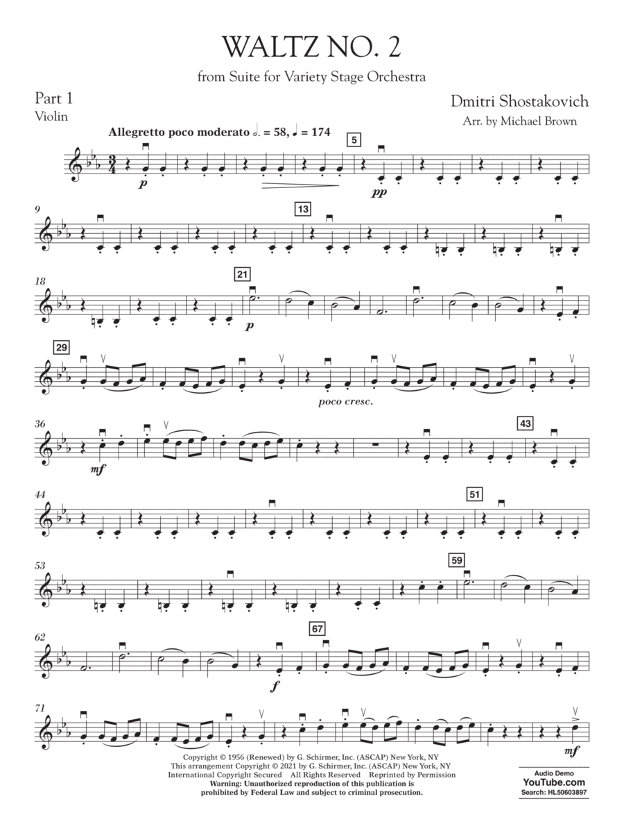 Waltz No. 2 (from Suite for Variety Stage Orchestra) (arr. Brown) - Pt.1 - Violin Concert Band scores gallery preview page 1