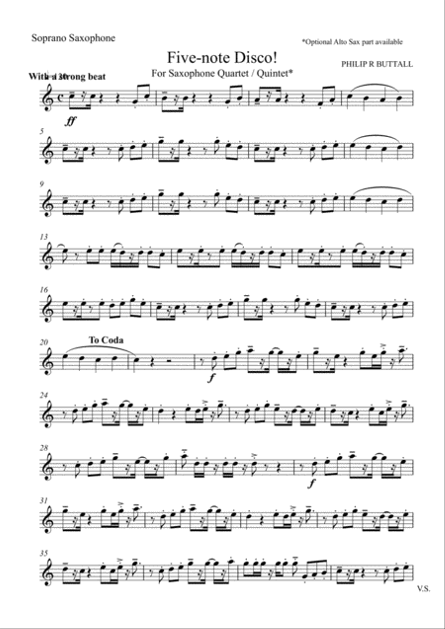 Five-note Disco! (Saxophone Quartet / Quintet) - Set of Parts [x4 / 5] Saxophone Quartet scores gallery preview page 2