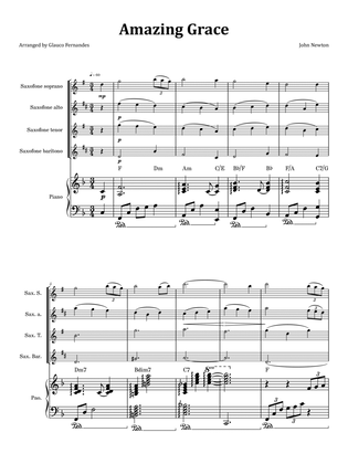 Amazing Grace - Saxophone Quartet & Piano with Chord Notation