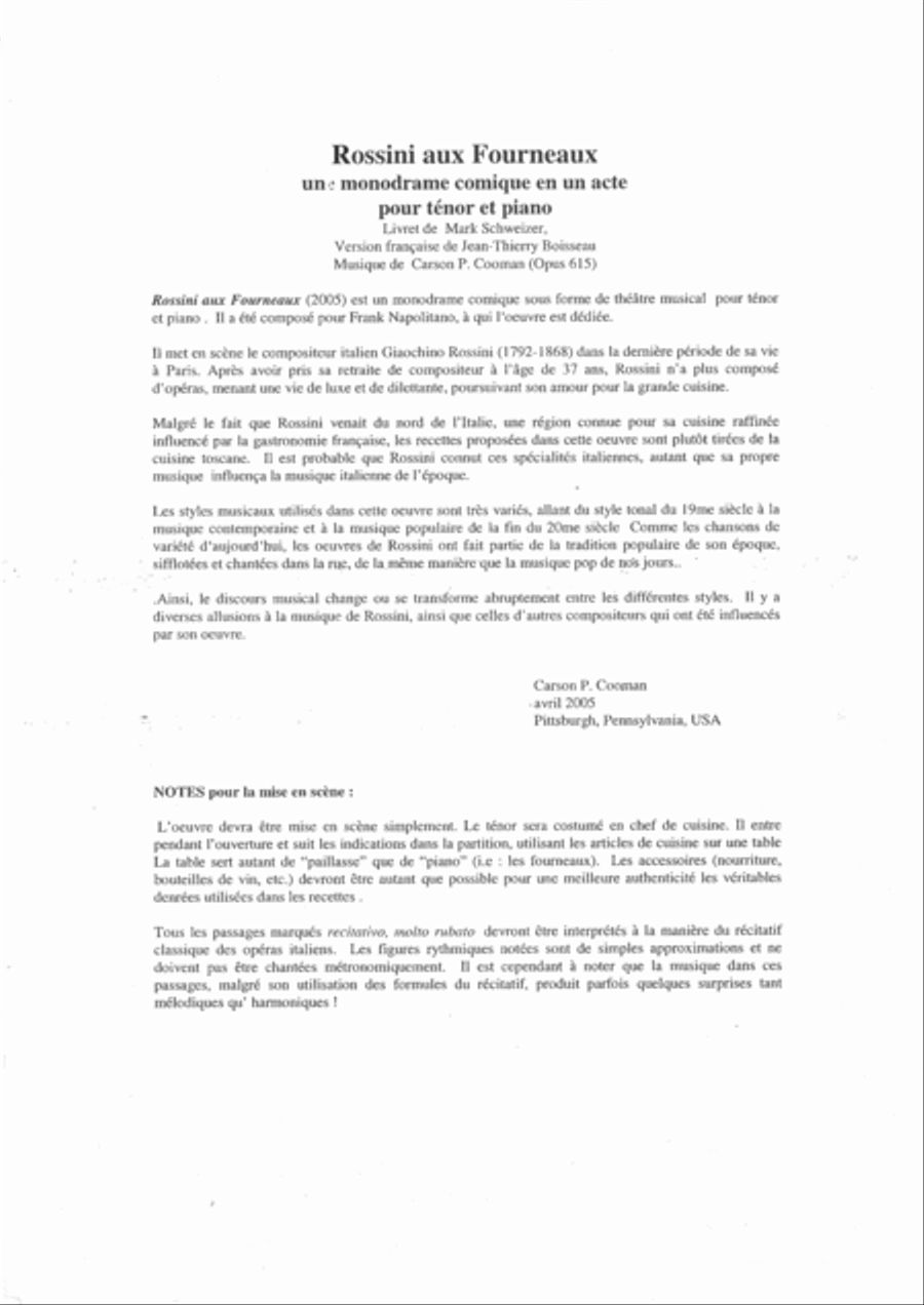 Carson Cooman: Rossini aux Fourneaux, comic monologue for tenor and piano (French language version) Tenor Voice scores gallery preview page 1