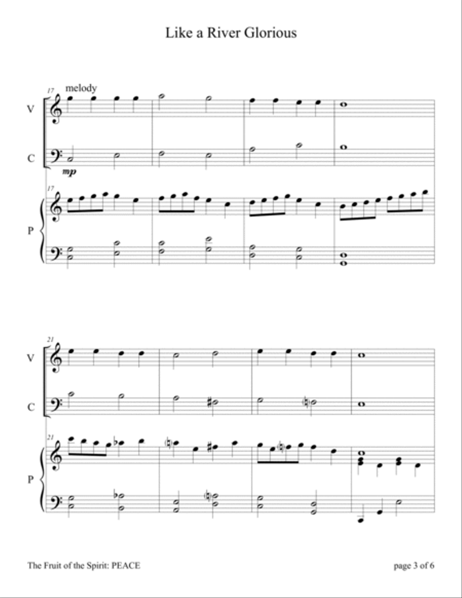Like a River Glorious (Easy Violin and Cello Duet with Piano Accompaniment) Piano Trio scores gallery preview page 6