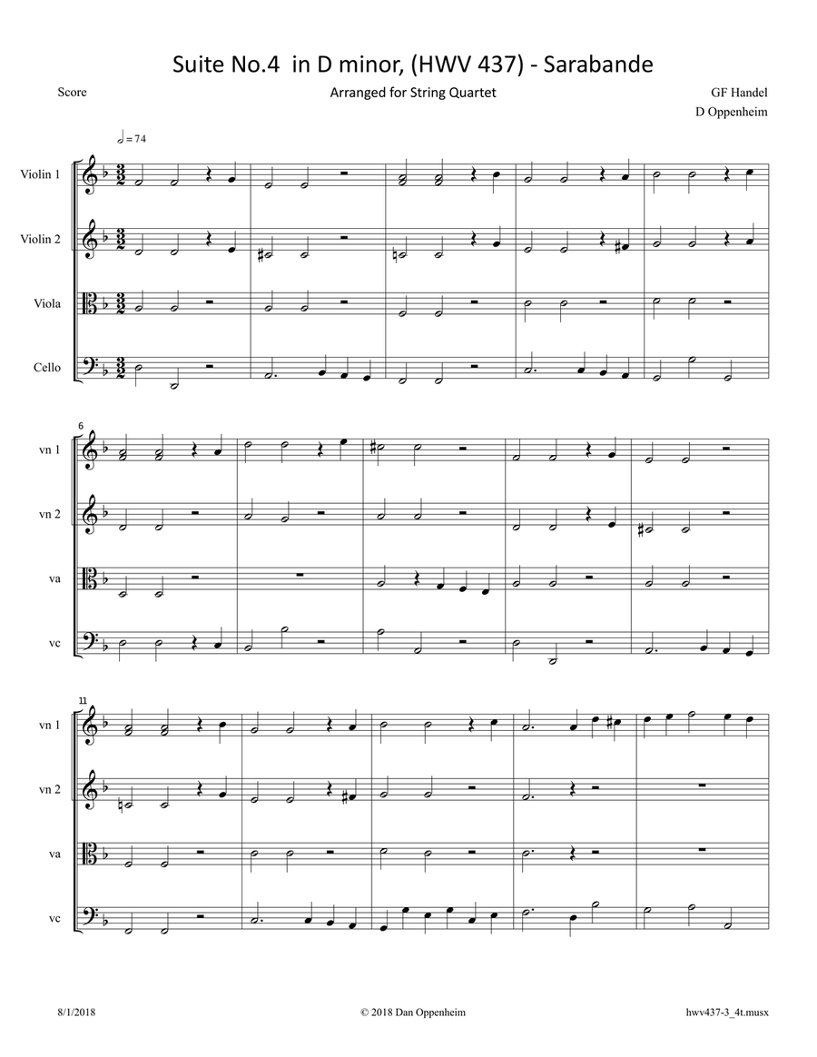 Handel: Suite No. 4 in D minor (HWV 437) - Sarabande; arranged for String Quartet String Quartet scores gallery preview page 1