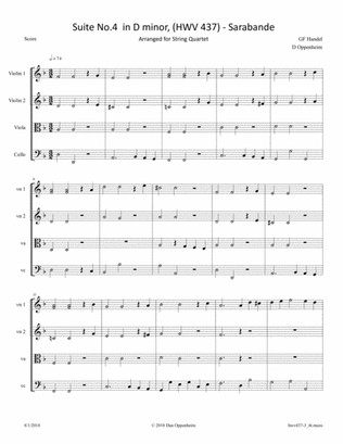 Book cover for Handel: Suite No. 4 in D minor (HWV 437) - Sarabande; arranged for String Quartet