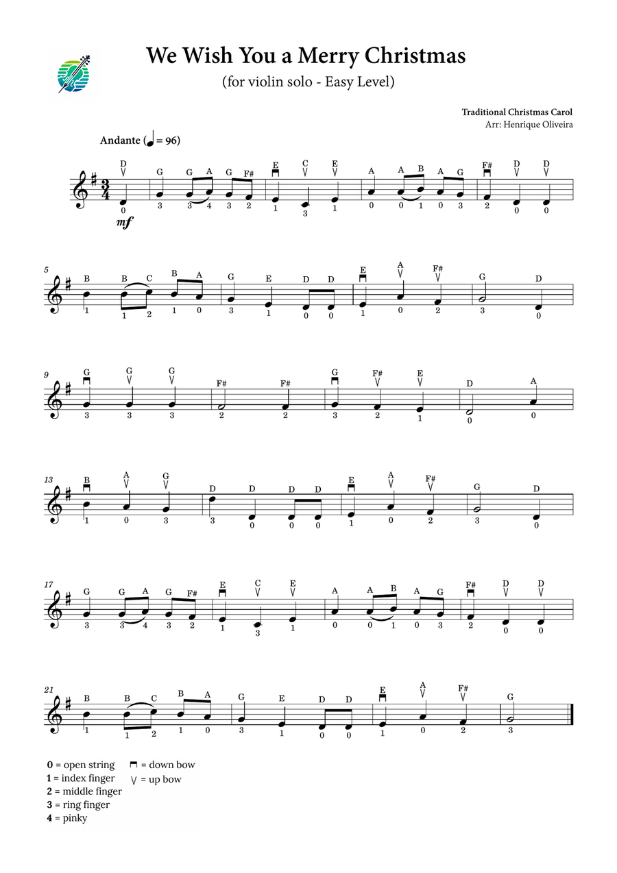 We Wish You a Merry Christmas (violin solo) - With fingerings, bowings and letter names | Easy Level Violin Solo scores gallery preview page 1