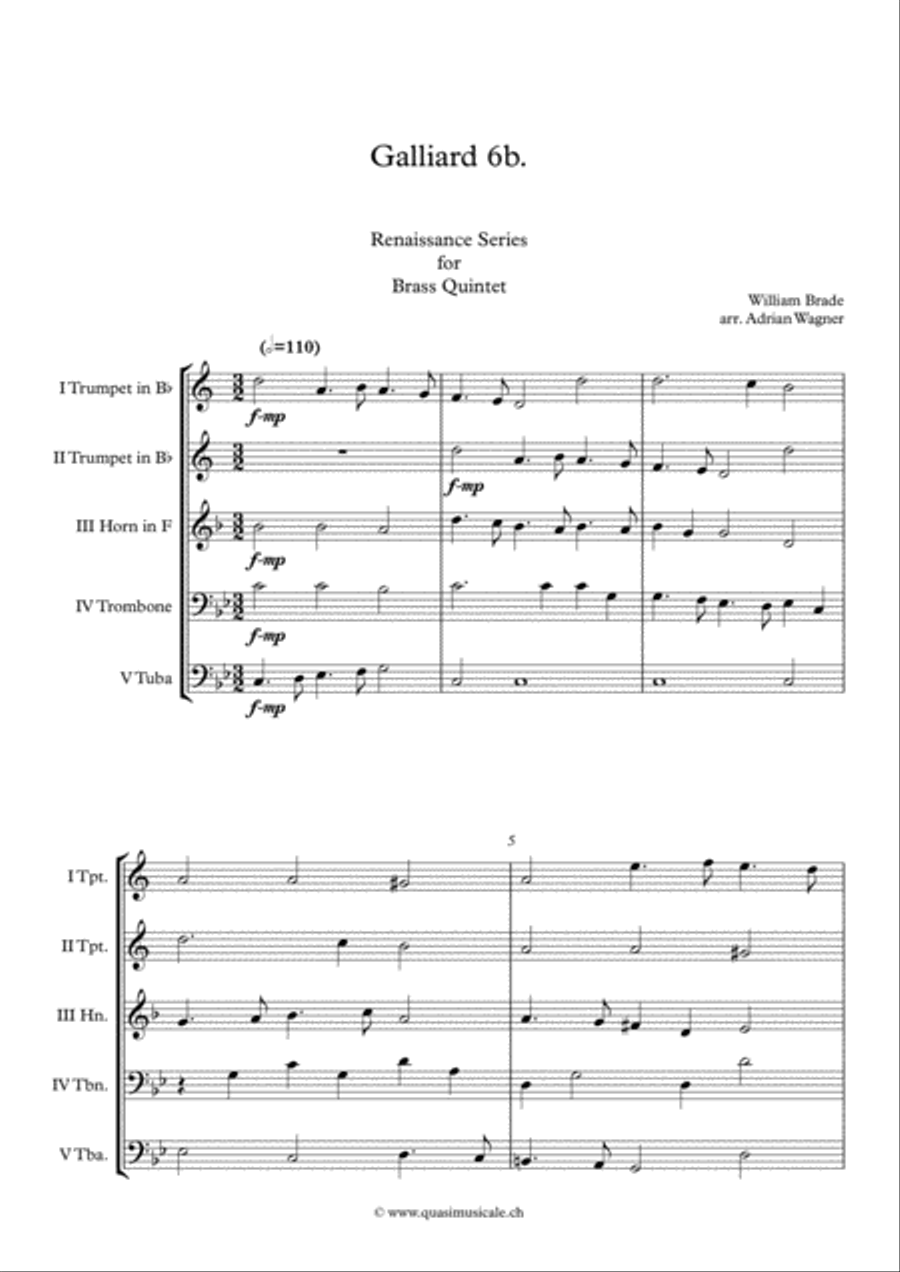 Galliard 6b. (William Brade) Brass Quintet arr. Adrian Wagner Brass Quintet scores gallery preview page 2