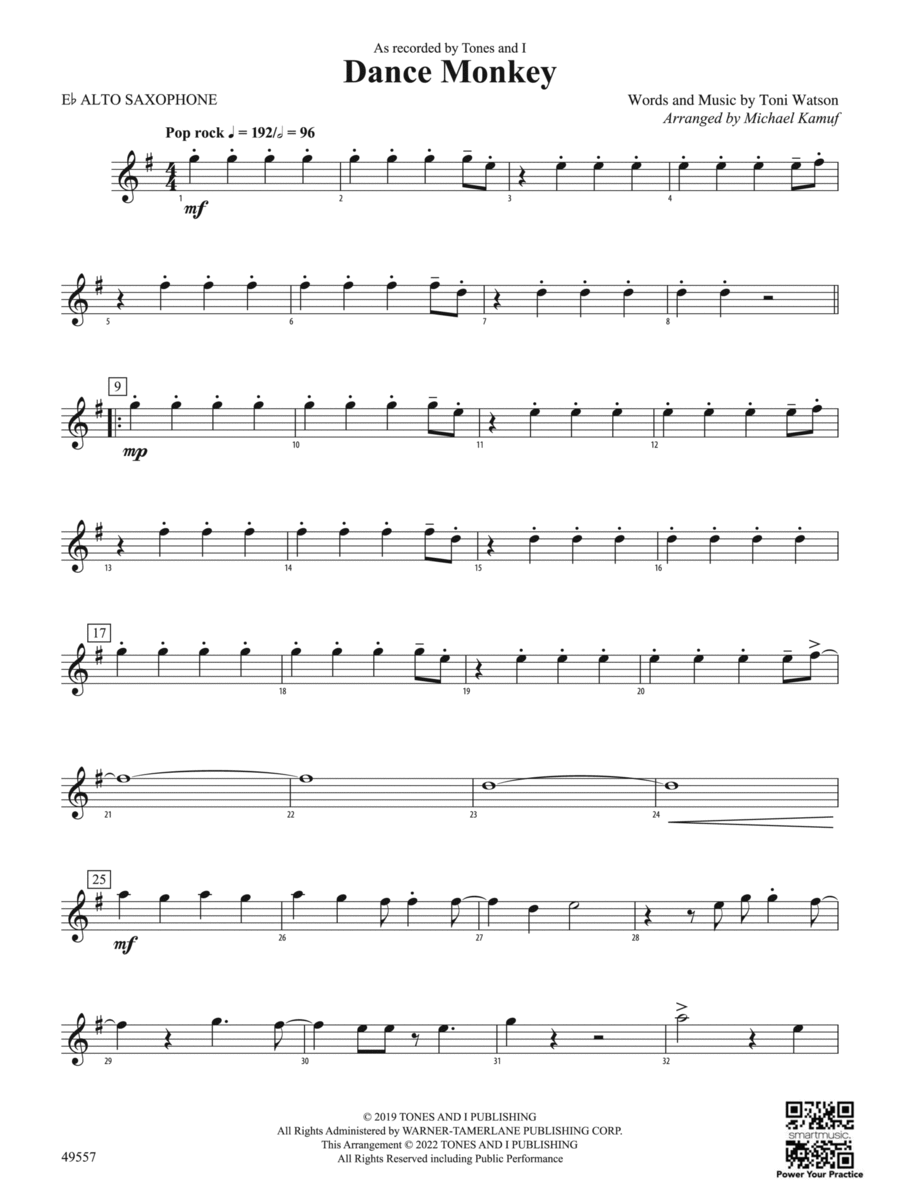 Dance Monkey: E-flat Alto Saxophone Concert Band scores gallery preview page 1