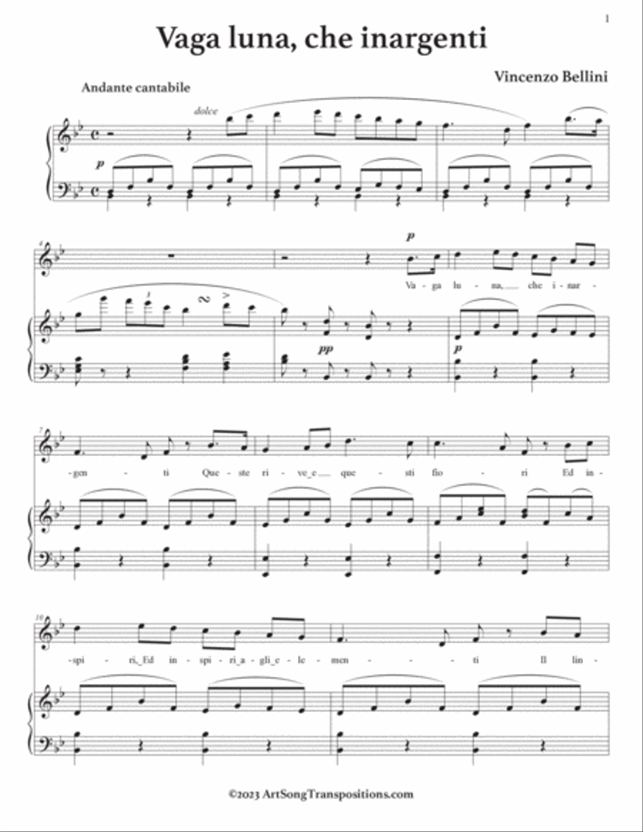 BELLINI: Vaga luna, che inargenti (transposed to B-flat major and A major) Voice scores gallery preview page 2