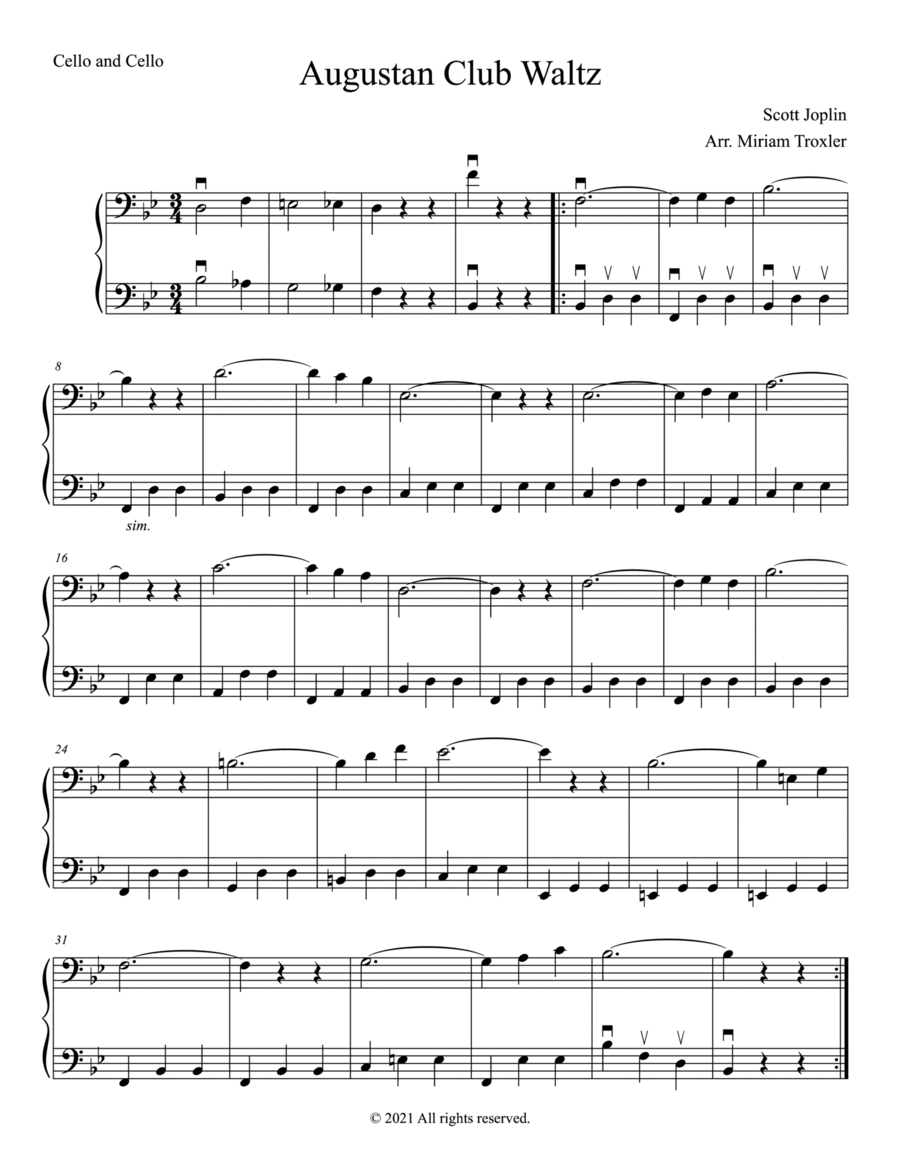 Scott Joplin Duets for Two Bass Clef Instruments String Duet scores gallery preview page 1