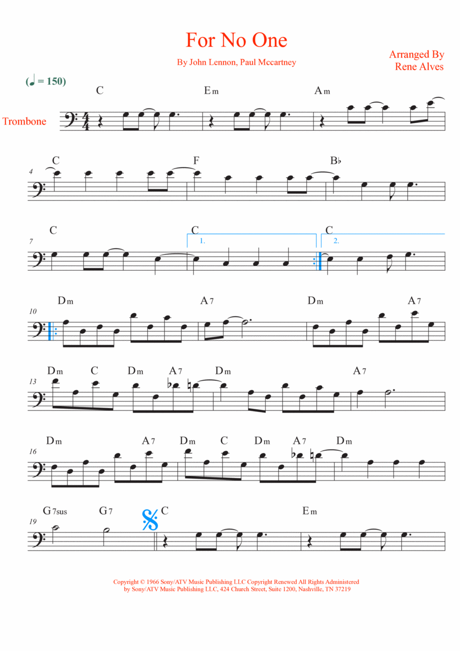 For No One Trombone Solo scores gallery preview page 1