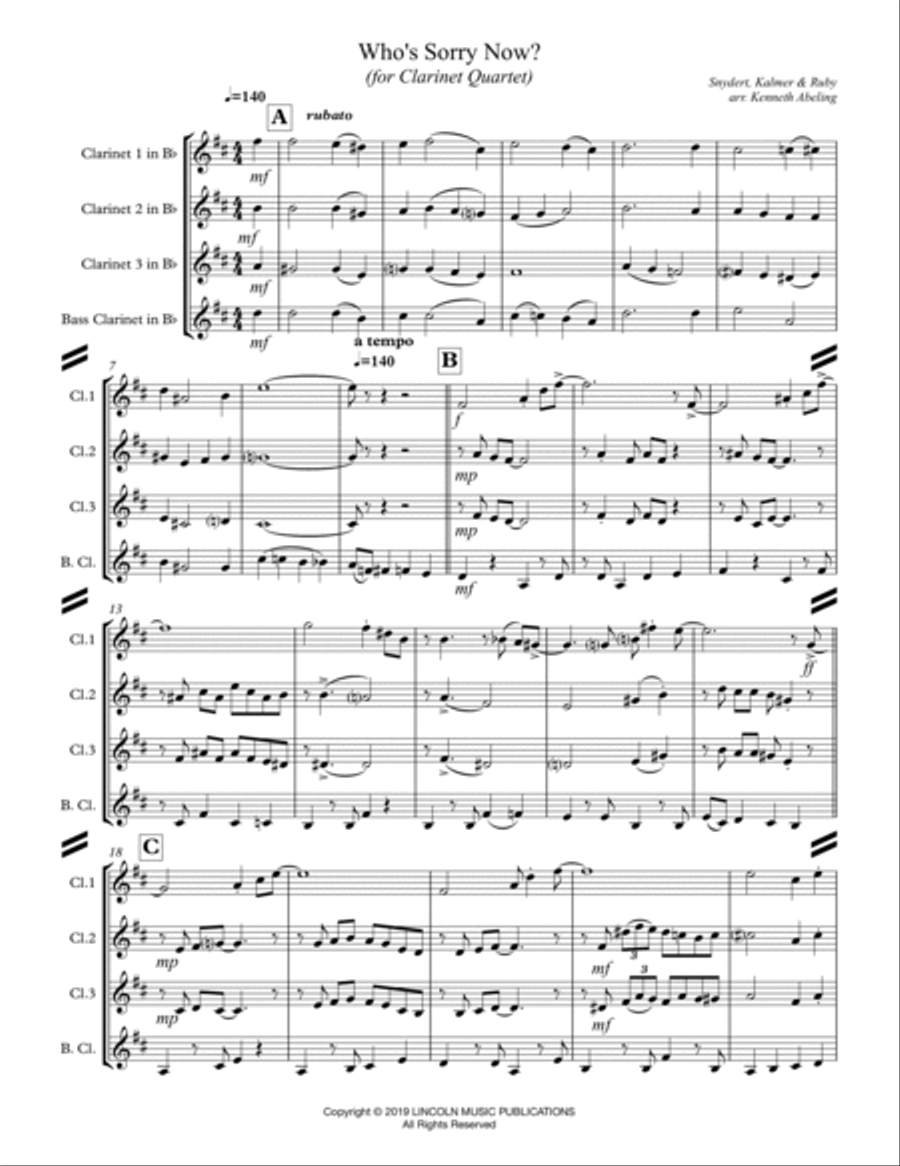 Who’s Sorry Now? (for Clarinet Quartet) Clarinet Quartet scores gallery preview page 2