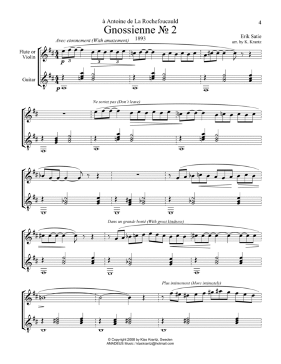 Gnossienne (1,2,3+5) for violin or flute and guitar (Em) Flute scores gallery preview page 5