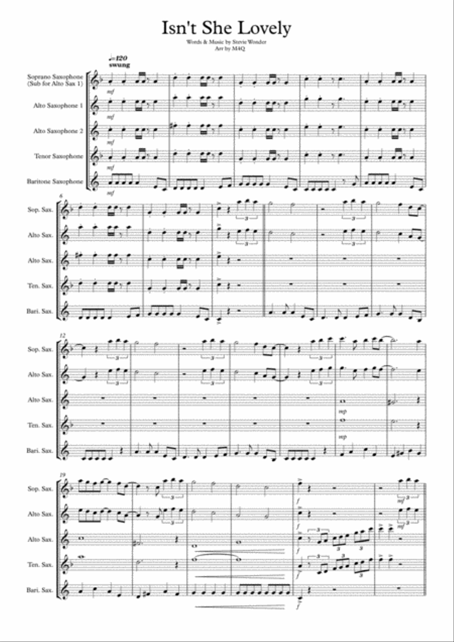 Isn't She Lovely Woodwind Quartet scores gallery preview page 1