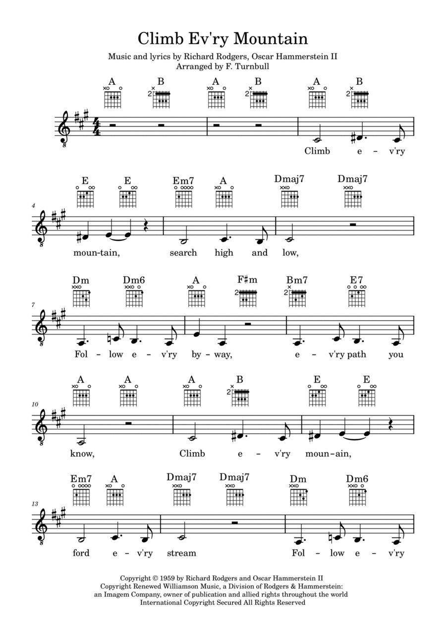 Climb Ev'ry Mountain Piano, Vocal, Guitar scores gallery preview page 1