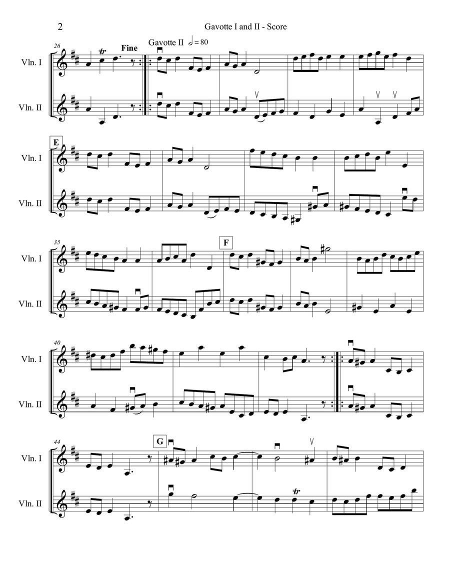 Bach Gavotte I & II for Two Violins String Duet scores gallery preview page 2
