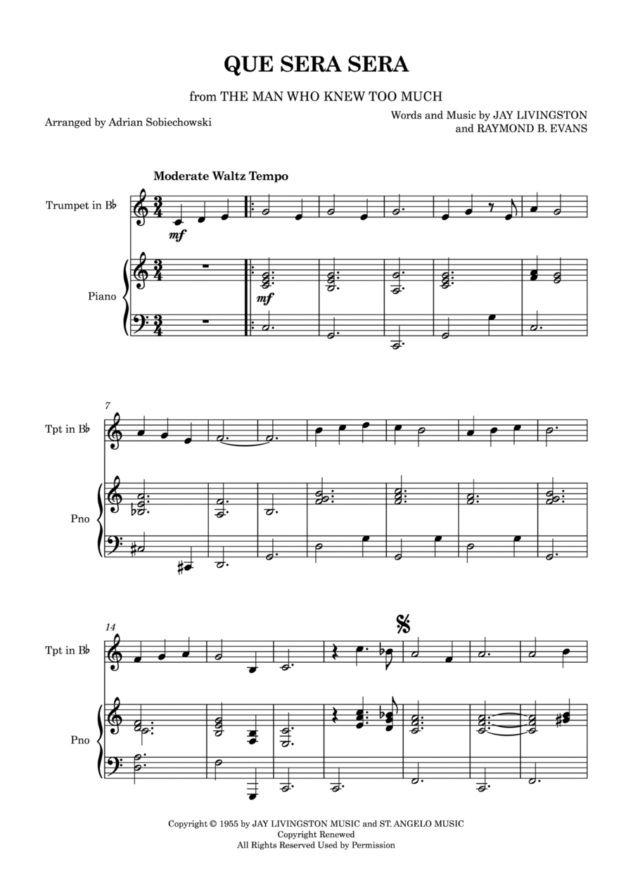 Que Sera, Sera (whatever Will Be, Will Be) B-Flat Trumpet scores gallery preview page 1