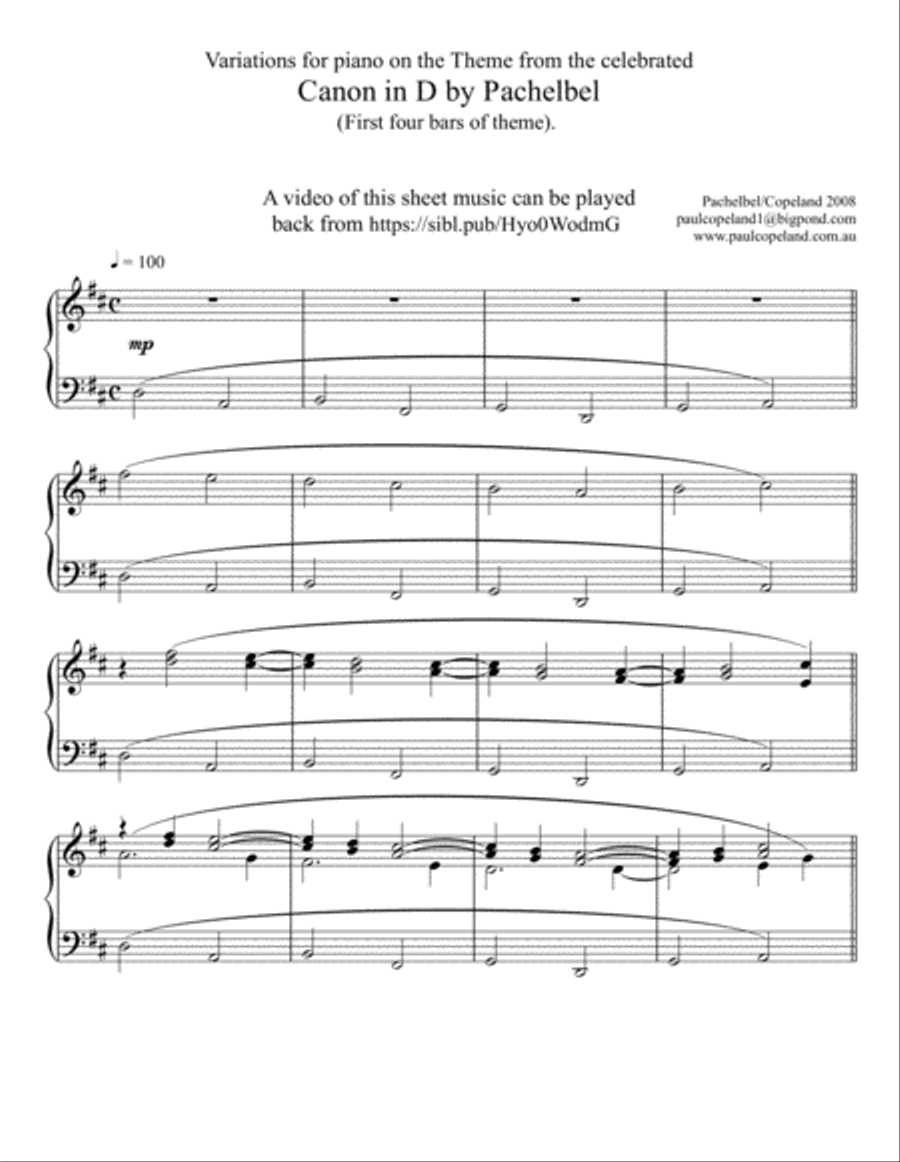 Pachelbel Canon in D variations arranged for piano. Piano Solo scores gallery preview page 1