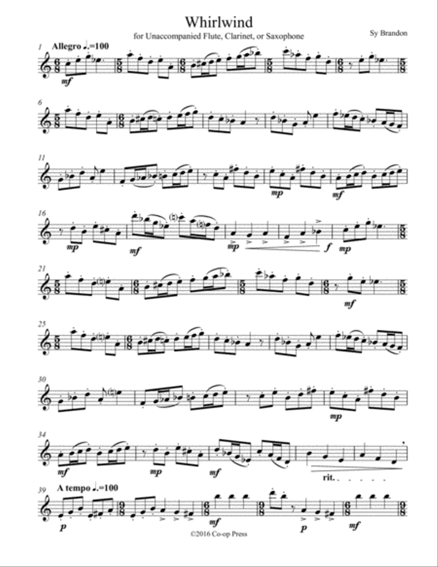 Whirlwind for Unaccompanied Flute, Clarinet, or Saxophone Clarinet scores gallery preview page 1