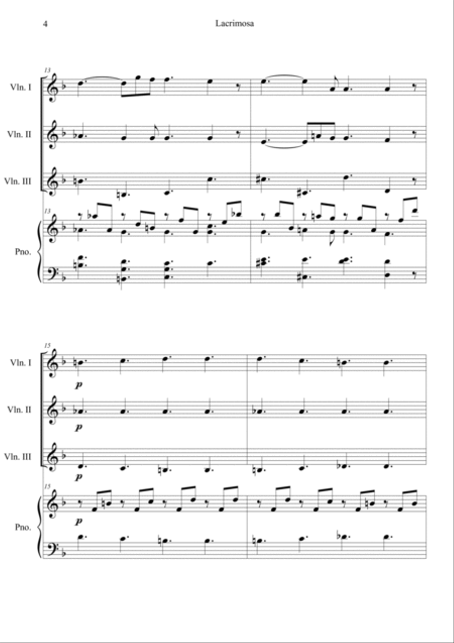 Mozart: Requiem K.626 6.Lacrimosa Piano Quartet scores gallery preview page 4