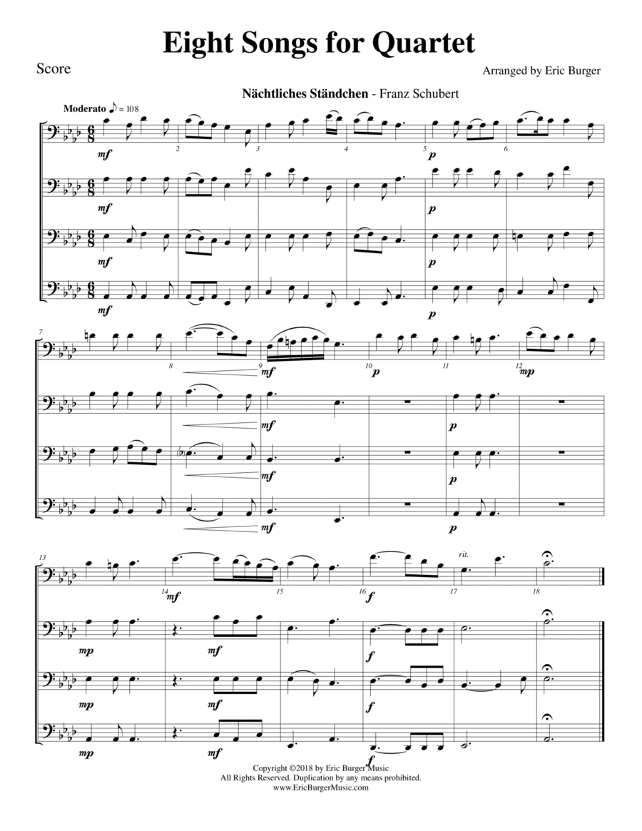 Eight Songs for Quartet for Trombone or Low Brass Quartet Brass Quartet scores gallery preview page 1