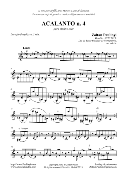 Acalanto n.4 for solo violin. Includes version for solo viola/cello. image number null